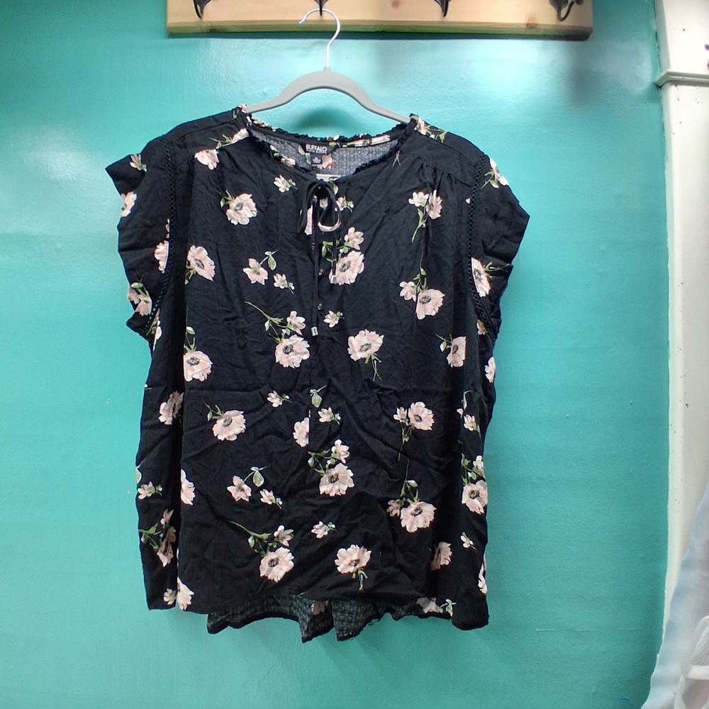 Buffalo David Bitton Blouse XL Black Pink Floral Boho Flutter Sleeve Tie Neck